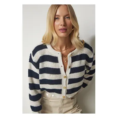 Happiness İstanbul Women's Cream Navy Blue Metal Button Detailed Openwork Knitwear Crop Cardigan