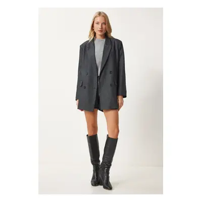 Happiness İstanbul Women's Anthracite Double Breasted Woven Jacket