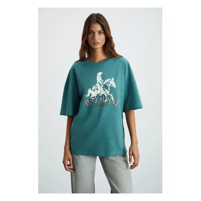 GRIMELANGE Majer Women's 100% Organic Cotton Western Theme Printed Regular Fit Green T-shirt