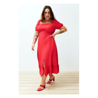 Trendyol Curve Red Crew Neck Skirt Ruffle Woven Dress