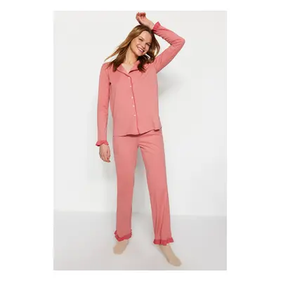 Trendyol Dusty Rose Ruffled Shirt-Pants Knitted Pajama Set