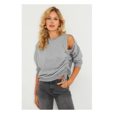 Cool & Sexy Women's Gray Pearl Detailed Drawstring Sweatshirt RLO04