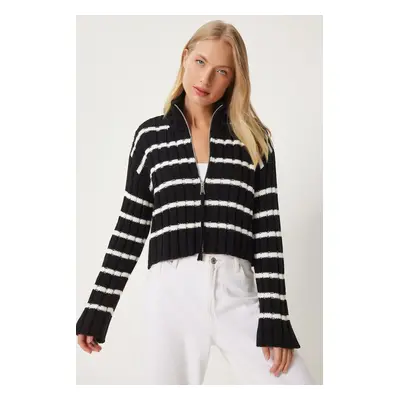 Happiness İstanbul Women's Black Zippered Striped Stand Collar Knitwear Cardigan