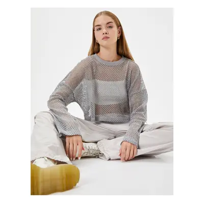 Koton Crop Openwork T-Shirt Long Sleeve Crew Neck