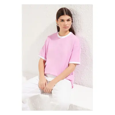 Trendyol Pink 100% Cotton Contrast Collar and Stripe Detail Oversize/Relaxed Cut Knitted T-Shirt