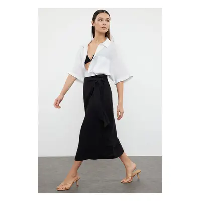 Trendyol Black 100% Linen Tie Midi Skirt