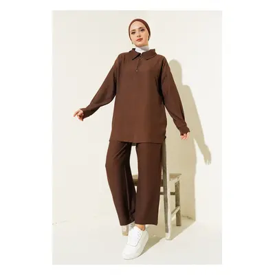 Bigdart Wide Leg Trousers Tunic Two Piece Set - Brown