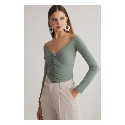 Trendyol Khaki Carmen Collar Knitted Accessory Blouse