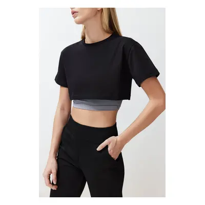 Trendyol Black Gray Melange 100% Cotton Layer Reflective Printed Crop Knitted Sports T-Shirt