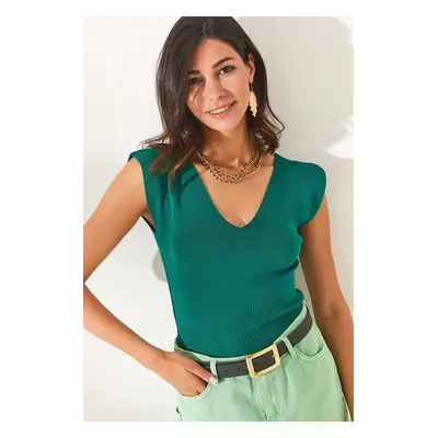 Olalook Women's Emerald Green Shoulders And Skirt Detailed Front Back V Knitwear Blouse