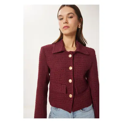 Happiness İstanbul Women's Burgundy Tweed Crop Jacket