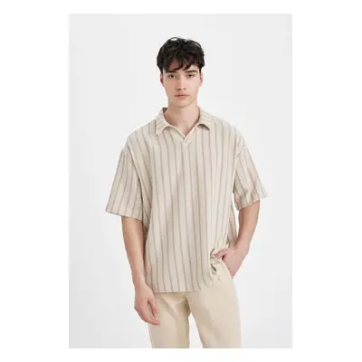 DEFACTO Oversize Wide Fit Polo Collar Striped Short Sleeve Shirt