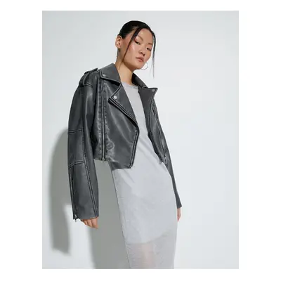 Koton Oversize Faux Leather Jacket with Zipper Faded Effect