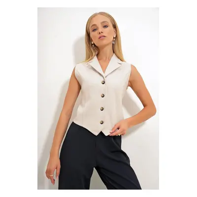 Trend Alaçatı Stili Women's Beige Contrast Buttoned Adjustable Belt Sleeveless Cashmere Vest