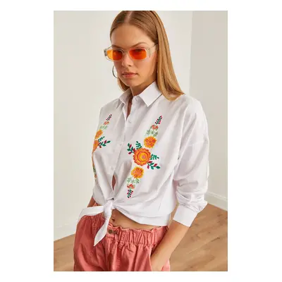 Olalook Women's Orange Floral White Embroidery Detailed Oversize Woven Shirt