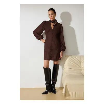 Trendyol Brown Plain Mini Mini Balloon Sleeve V Neck Suede Woven Dress