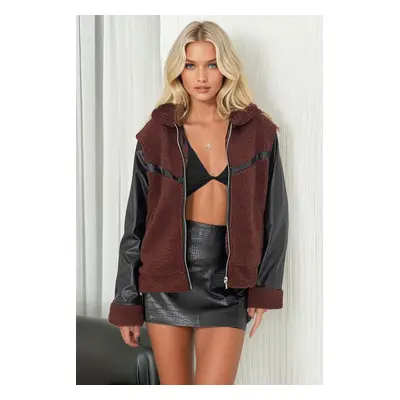 Trend Alaçatı Stili Women's Brown Leather Garnished Double Pocket Lined Plush Coat