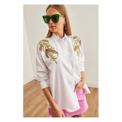 Olalook Women's Leaf White Embroidery Detailed Oversize Woven Shirt