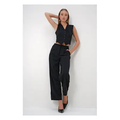 Trend Alaçatı Stili Women's Black V-Neck Buttoned Vest and Double Pocket Palazzo Pants Set