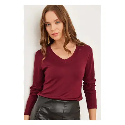 Olalook Women's Burgundy V-Neck Flowy Soft Touch Blouse