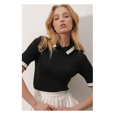 Trend Alaçatı Stili Women's Black Baby Collar Half Sleeve Color Block Knitwear Blouse