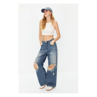 Trendyol Blue Pale Effect Vintage Ripped High Waist Wide Leg Jeans