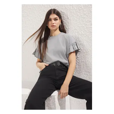 Trendyol Gray 100% Cotton Ruffle Detailed Basic Crew Neck Knitted T-Shirt