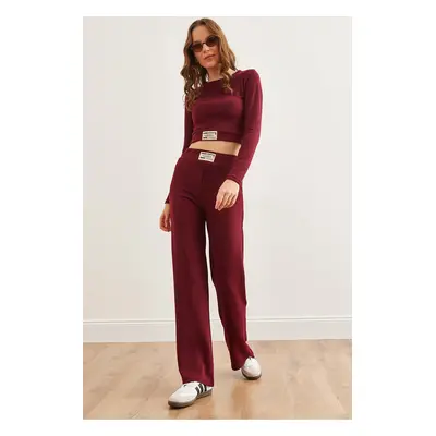 Olalook Women's Claret Red Textured Embroidered Bottom Top Flowing Suit