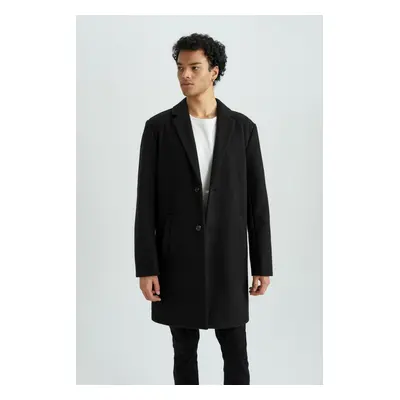 DEFACTO Men's Black Relax Fit Jacket Buttoned Collar Pocket Long Cashmere Coat