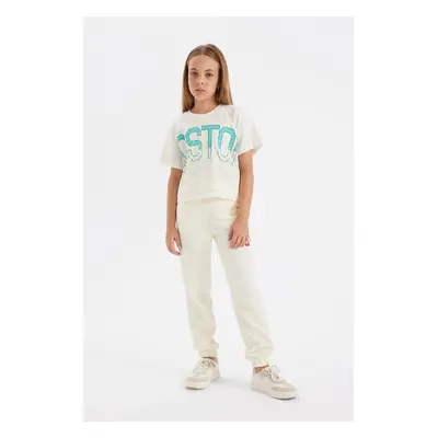 DEFACTO Girls Ecru Printed Elastic Waist Leg Pocket Jogger School Sweatpants