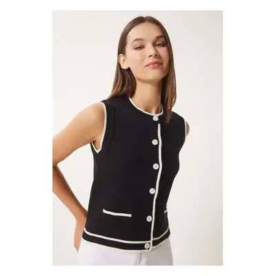 Happiness İstanbul Women's Black Contrast Stripe Detailed Knitwear Vest