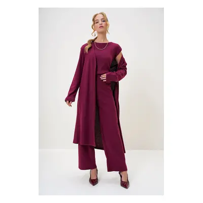 Trend Alaçatı Stili Women's Claret Red Shoulder Padded Crew Neck Blouse Trousers and Cardigan Se