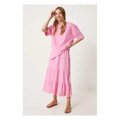 Happiness İstanbul Women's Pink Oversize T-Shirt Flounce Knitted Skirt Set