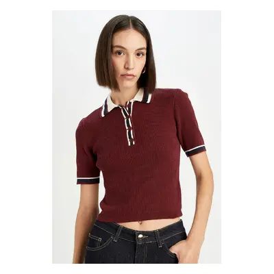 DEFACTO Regular Fit Buttoned Polo Neck Short Sleeve Burgundy Knitted Sweater