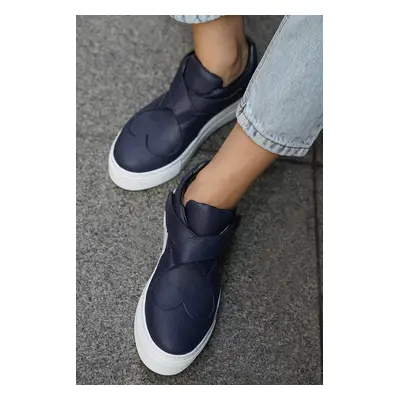 Mio Gusto Navy Blue Leather Women's Sneakers