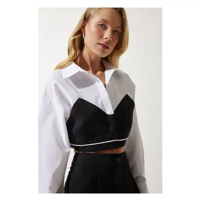 Happiness İstanbul Women's White Color Block Crop Poplin Shirt