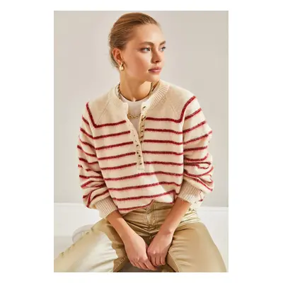 Bianco Lucci Women's Charmed Striped Button Knitwear Sweater