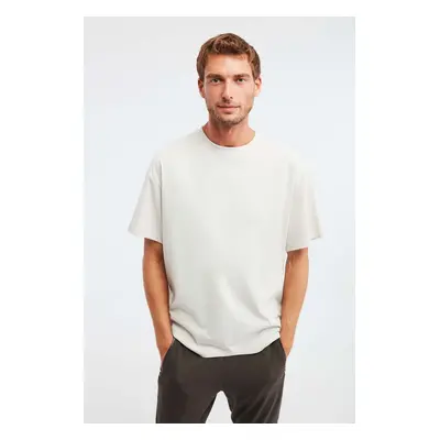 GRIMELANGE Jett Men's Oversize Fit 100% Organic Cotton Thick Textured Crew Neck Stone Color T-sh