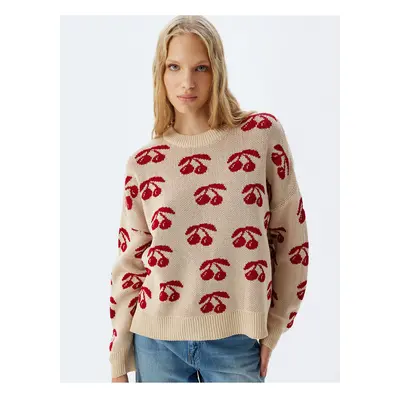 Koton Oversize Sweater Cherry Patterned Crew Neck Long Sleeve