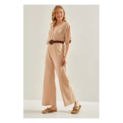 Bianco Lucci Women's Double Breasted Collar Belted Jumpsuit