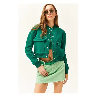 Olalook Women's Emerald Green Pocket Snap Closure Fleece Crop Jacket