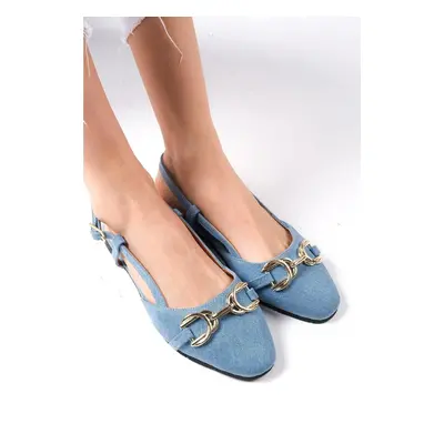 Mio Gusto Delphine Blue Color Denim Fabric Open Back Women's Flat Jeans Flats Shoes.