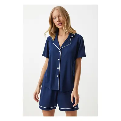 Happiness İstanbul Women's Navy Blue Piping Detailed Shirt Shorts Pajama Set