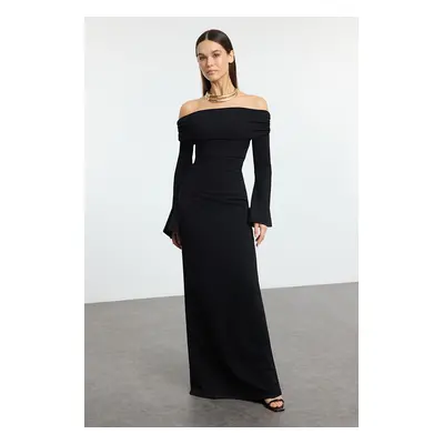 Trendyol Black Knitted Carmen Neckline Long Stylish Evening Dress