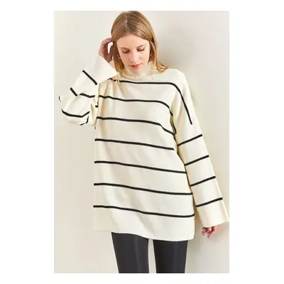 Bianco Lucci Women's Turtleneck Striped Oversize Knitwear Sweater