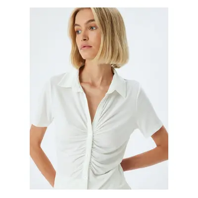 Koton Draped Short Sleeve Blouse Shirt Collar Button Down