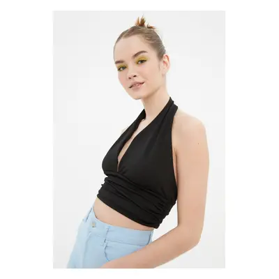 Trendyol Black Halter Neck Fitted/Slim Crop Knitted Blouse