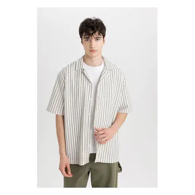 DEFACTO Relax Fit Wide Collar Striped Combed Cotton Short Sleeve Shirt