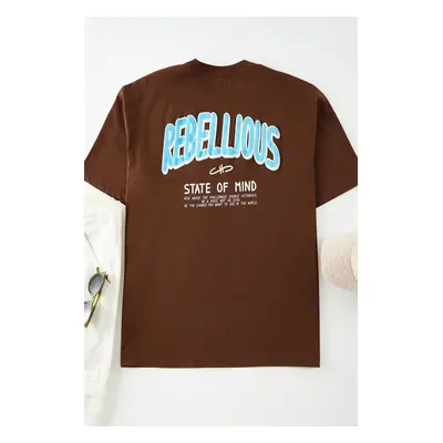 Trendyol Brown Oversize/Wide Cut Puffy Text Printed Short Sleeve 100% Cotton T-Shirt