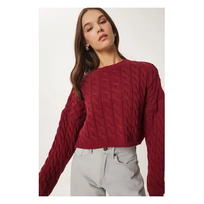 Happiness İstanbul Women's Burgundy Crew Neck Knit Motif Knitwear Sweater